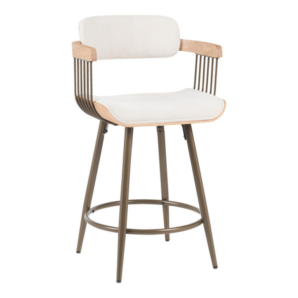 Σκαμπό μπαρ Cameo pakoworld μέταλλο μπρονζέ-white-wash ξύλο-μπέζ ύφασμα 53x50x93εκ